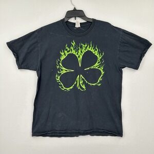 Green‎ Flames Four Leaf Clover Tee Black Green T-Shirt Mens Size L St Pattys Day